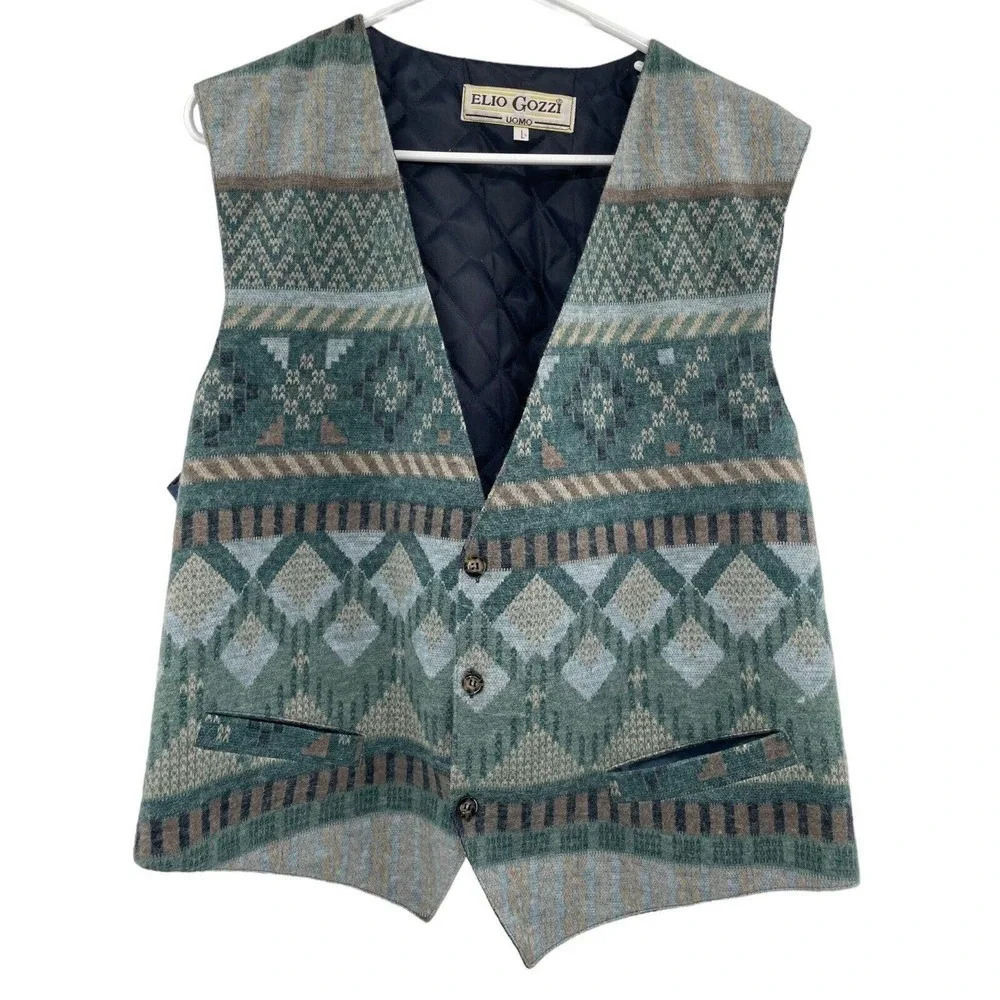 Vintage Elio Gozzi Uoma Men's Knit Southwestern Quilted Button Front Vest Size L